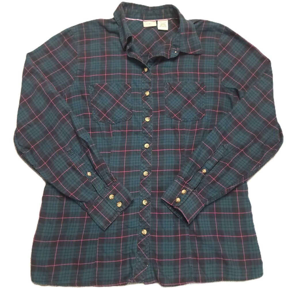 L.L. Bean Women’s S  Flannel Shirt Scotch Plaid Green Magenta Long Sleeve